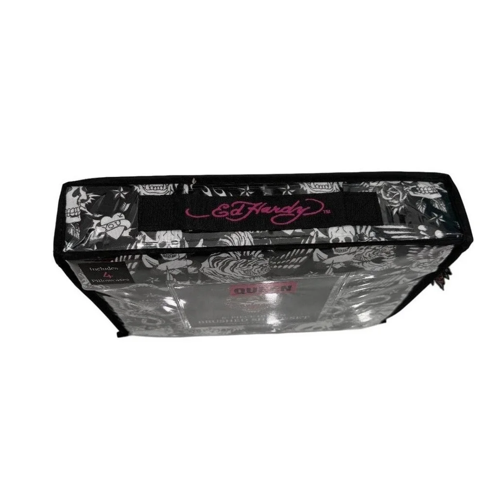 Ed Hardy Tiger Skull Snake Black White 6 Piece Queen Sheet Set NWT